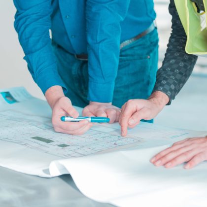One Worker Showing Important Details Architectural Plan Project Another Copy